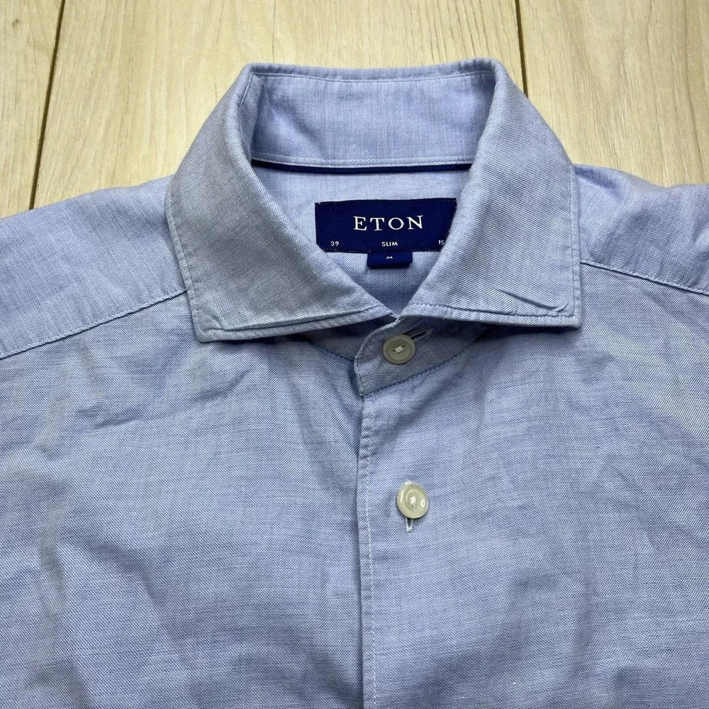 Eton Slim Casual Button Up Shirt Cotton Silk Blend Blue Mens Size Medium 15 1/2 - Picture 4 of 13